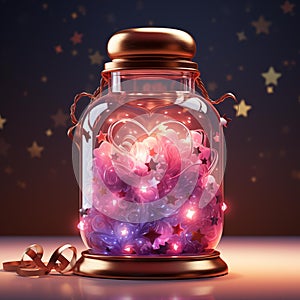 Glass jar filled with folded paper stars and sparkles. Cute and beautiful, images created from AI