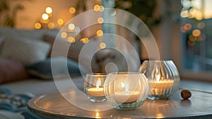 A glass jar filled with fragrant vanillascented candles illuminates the space infusing the air with a sweet and soothing