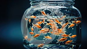 A glass jar filled with goldfish in water. AI.
