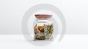 a glass jar filled with layers of dried herbs and flowers on a white background