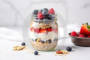 glass jar filled with overnight oats, berries, and nuts photo