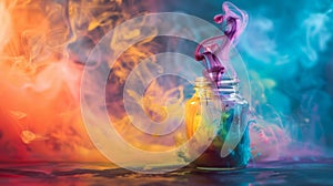A glass jar filled with swirling colorful smoke that hints at the possibility of magic or unknown powers. .