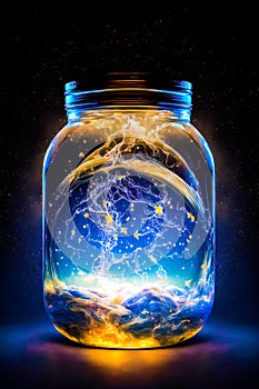 Glass jar filled with water with stars and lightnings in the sky. Generative AI