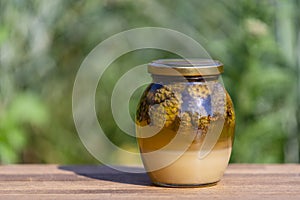 Glass jar of fresh honey with pine cones on a wooden table, closeup
