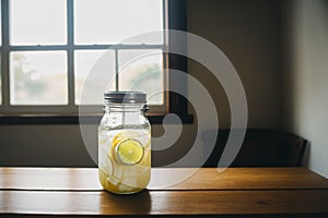 A glass jar of fresh lemonade on a table