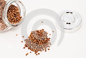 Glass jar full of buckwheat seeds