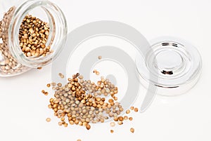 Glass jar full of coriander seeds