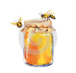 Glass jar full of honey, bees. Watercolor illustration photo