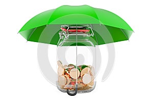 Glass jar with golden coins under umbrella, 3D rendering