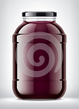 Glass Jar with Grape Juice on Background.