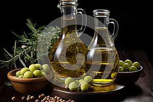 Glass jar half-filled with olive oil and green olives on soft olive green background