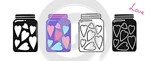 Glass jar of hearts line icon cartoon symbol set charity donation concept love valentines day symbol