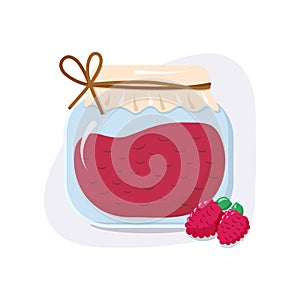 Glass jar with homemade raspberry jam. Grandmother's berry jam. Conservation. Isolated illustration.