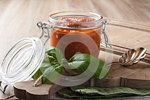 Glass jar with homemade tomato pasta sauce