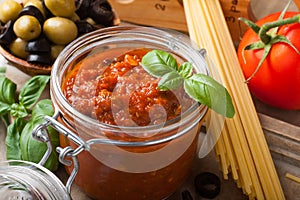 Glass jar with homemade tomato pasta sauce