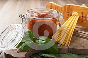 Glass jar with homemade tomato pasta sauce