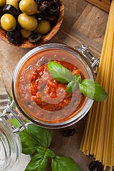 Glass jar with homemade tomato pasta sauce