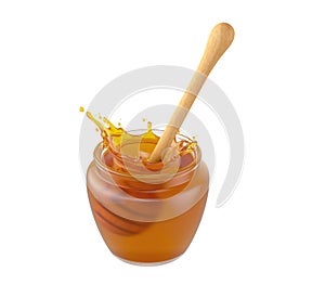 Glass jar with honey and dipping on white background