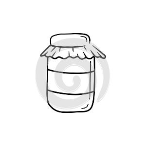 Glass jar with honey or jam sketch drawing isolated on white background. Hand drawn vector illustration in simple doodle line art
