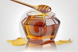 Glass jar of honey and stick. Wooden dipper with jar of honey isolated on the white background. Generative AI