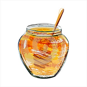 Glass jar of honey with wooden dipper