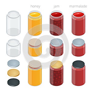 Glass jar with with jam, configure or honey. Vector 3d flat isometric illustration.