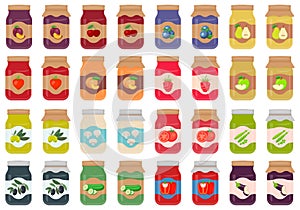 Glass jar with jam. Jars with labels fruit jam. Autumn harvesting and canning set. Jars with pickled and canned vegetables. Vector
