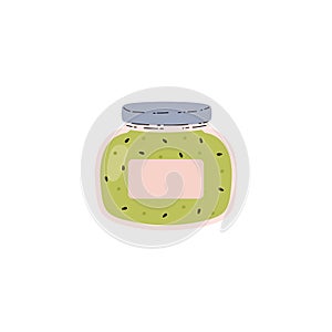Glass jar with kiwi jam, vector cartoon container with green color fruit marmalade, natural conservation food confiture
