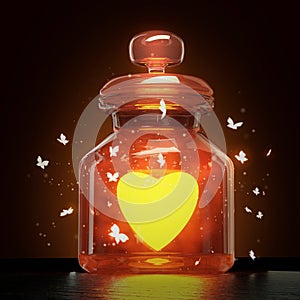 Glass jar with magic shining heart and butterflies flying around it on dark background, valentines day romance love