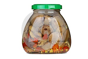 Glass jar with marinated suillus mushrooms