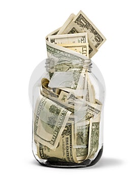 Glass jar for money on background