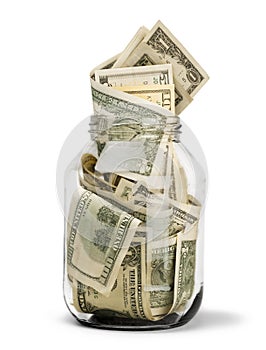 Glass jar for money on background photo