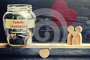 Glass jar with money and the words`Family Insurance` and the family on the scales. The concept of medical insurance of life, healt