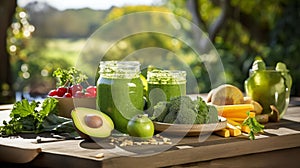 Glass jar mugs brimming with lush green health smoothies, featuring a medley of nutritious, AI generated