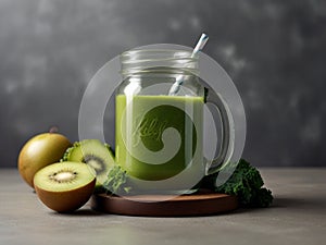 Glass jar mugs with green health smoothie, kale leaves, lime, apple, kiwi, grapes, banana, avocado, lettuce