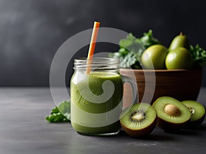 Glass jar mugs with green health smoothie, kale leaves, lime, apple, kiwi, grapes, banana, avocado, lettuce