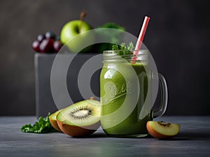 Glass jar mugs with green health smoothie, kale leaves, lime, apple, kiwi, grapes, banana, avocado, lettuce
