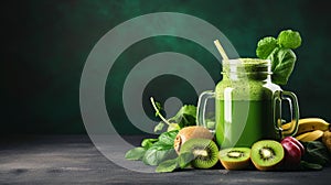 Glass Jar mugs with green healthy Smoothie and fruits, blue background with copy space