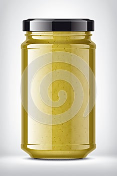 Glass Jar with Mustard on Background.