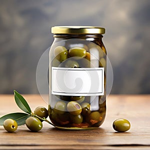 Glass jar of olives, empty blank generic product packaging mockup