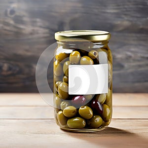 Glass jar of olives, empty blank generic product packaging mockup