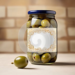 Glass jar of olives, empty blank generic product packaging mockup