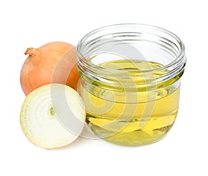 Glass jar of onion syrup and fresh ingredient
