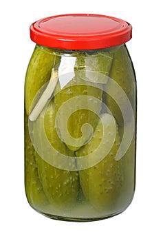 Glass jar with pickled cucumbers