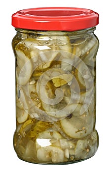 Glass jar with pickled cucumbers