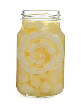 Glass jar with pickled onions isolated