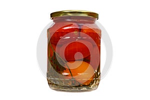Glass jar with pickled tomatoes on a white background