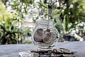 Glass jar piggy bank with coins. Plan your savings, run a growing business for success and save for retirement