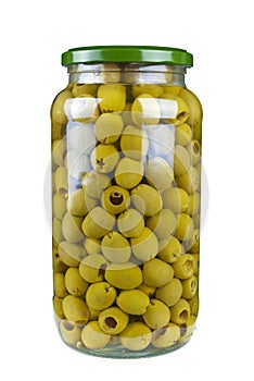 Glass jar with pitted green olives