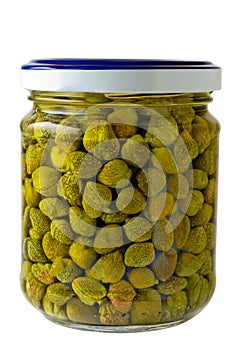 Glass jar of preserved capers photo